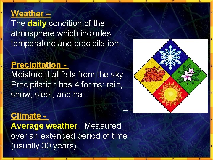 Weather – The daily condition of the atmosphere which includes temperature and precipitation. Precipitation