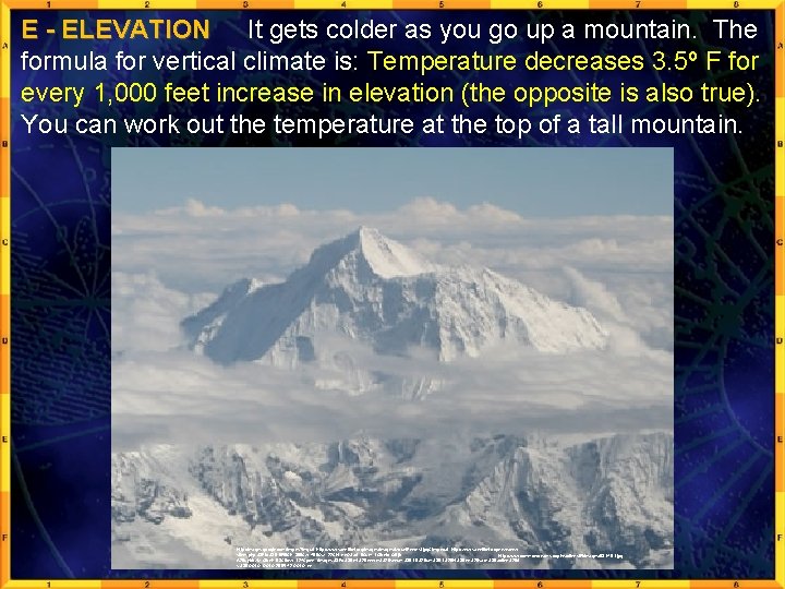 E - ELEVATION It gets colder as you go up a mountain. The formula