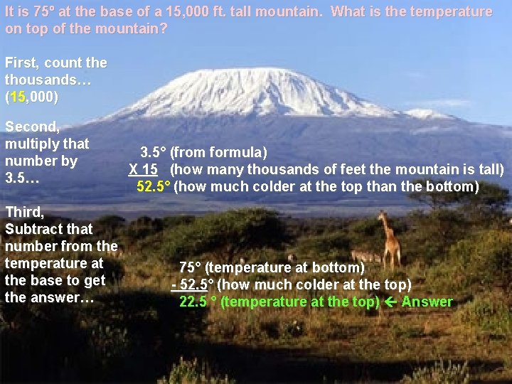 It is 75º at the base of a 15, 000 ft. tall mountain. What