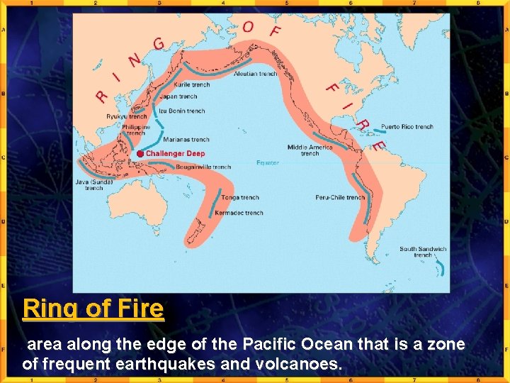 Ring of Fire area along the edge of the Pacific Ocean that is a