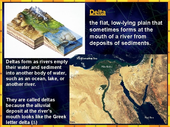 Delta the flat, low-lying plain that sometimes forms at the mouth of a river