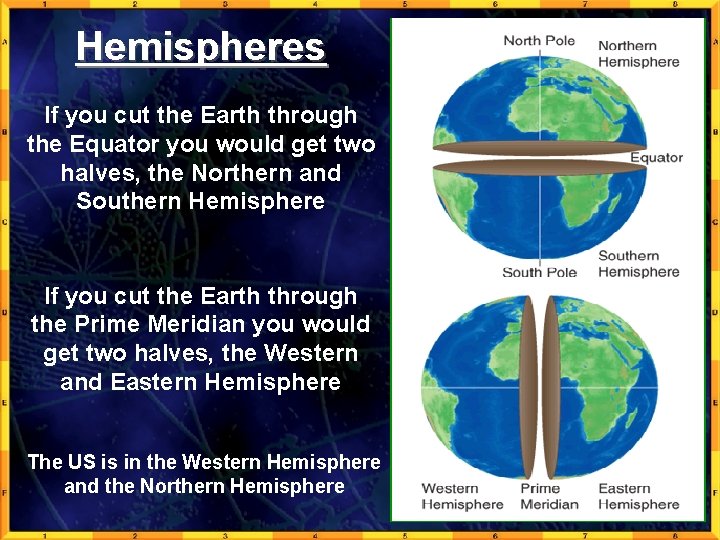 Hemispheres If you cut the Earth through the Equator you would get two halves,