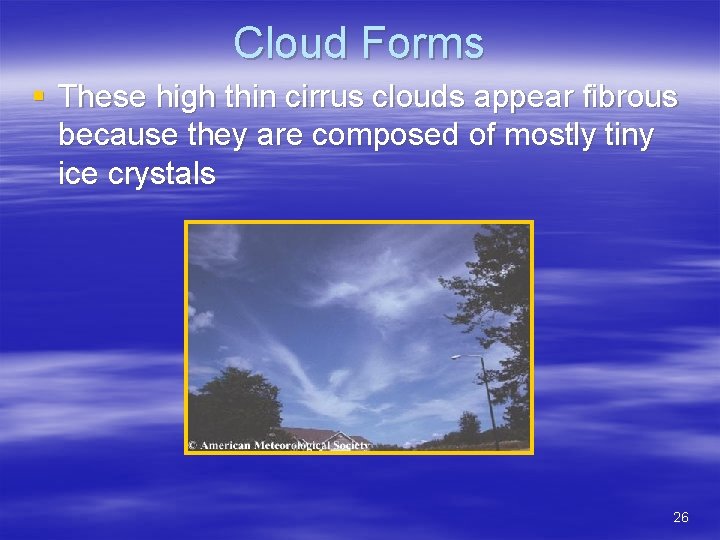 Cloud Forms § These high thin cirrus clouds appear fibrous because they are composed