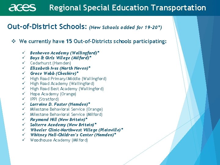 Regional Special Education Transportation Out-of-District Schools: (New Schools added for 19 -20*) v We