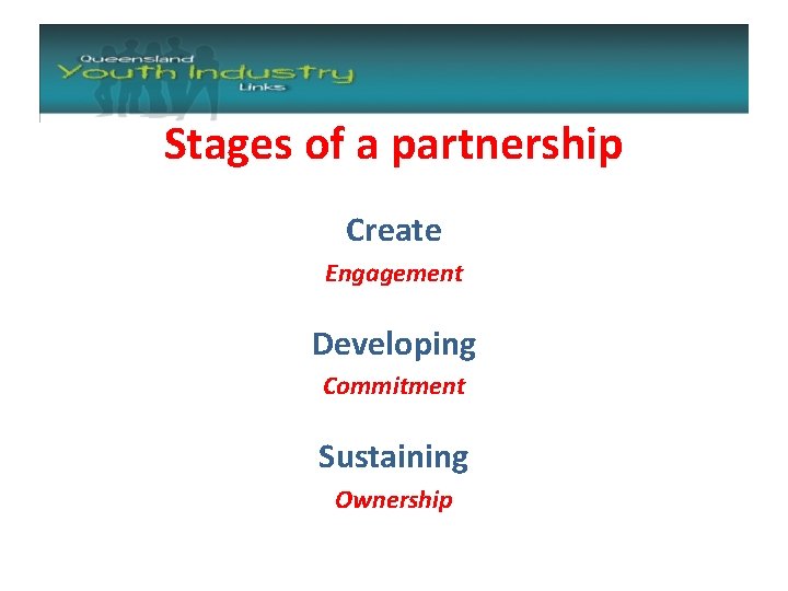 Stages of a partnership Create Engagement Developing Commitment Sustaining Ownership 