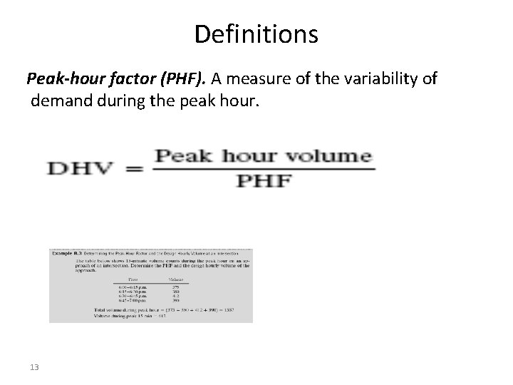 Definitions Peak-hour factor (PHF). A measure of the variability of demand during the peak