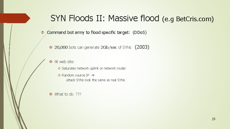 SYN Floods II: Massive flood (e. g Bet. Cris. com) Command bot army to