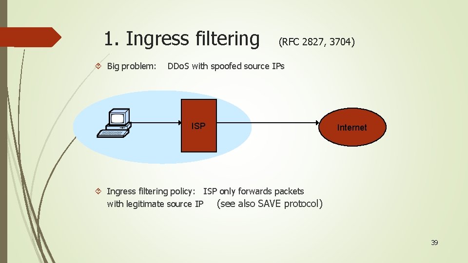 1. Ingress filtering Big problem: (RFC 2827, 3704) DDo. S with spoofed source IPs