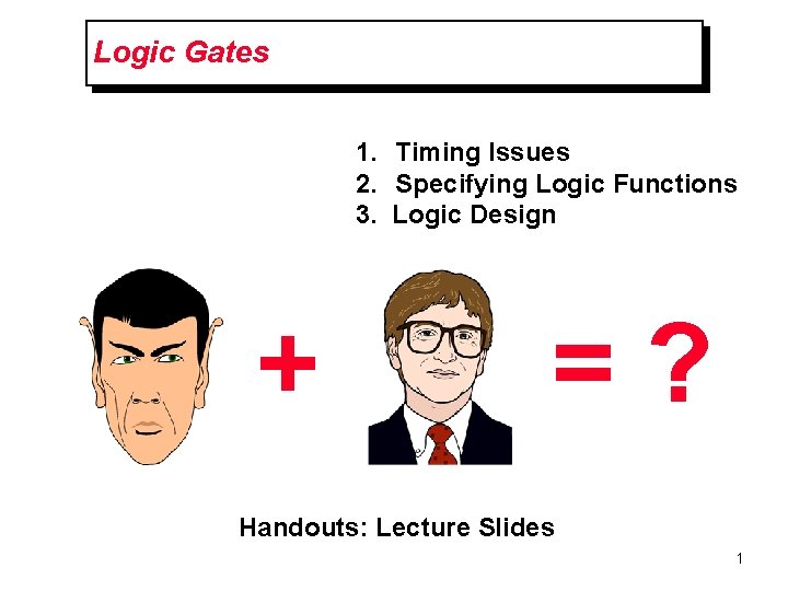 Logic Gates 1. Timing Issues 2. Specifying Logic Functions 3. Logic Design + =?