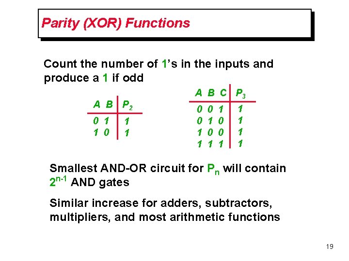 Parity (XOR) Functions Count the number of 1’s in the inputs and produce a