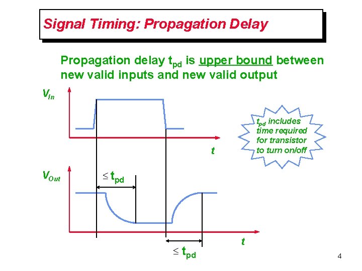 Signal Timing: Propagation Delay Propagation delay tpd is upper bound between new valid inputs