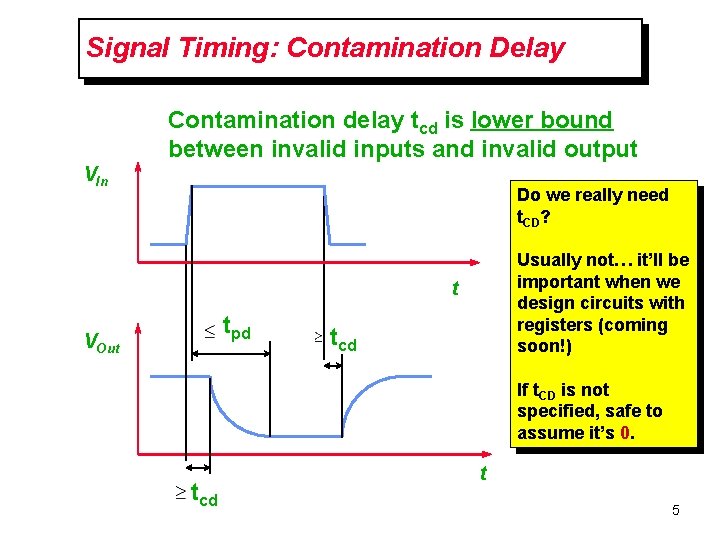 Signal Timing: Contamination Delay Contamination delay tcd is lower bound between invalid inputs and