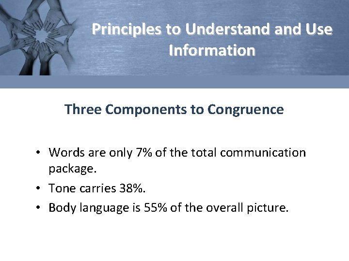 Principles to Understand Use Information Three Components to Congruence • Words are only 7%