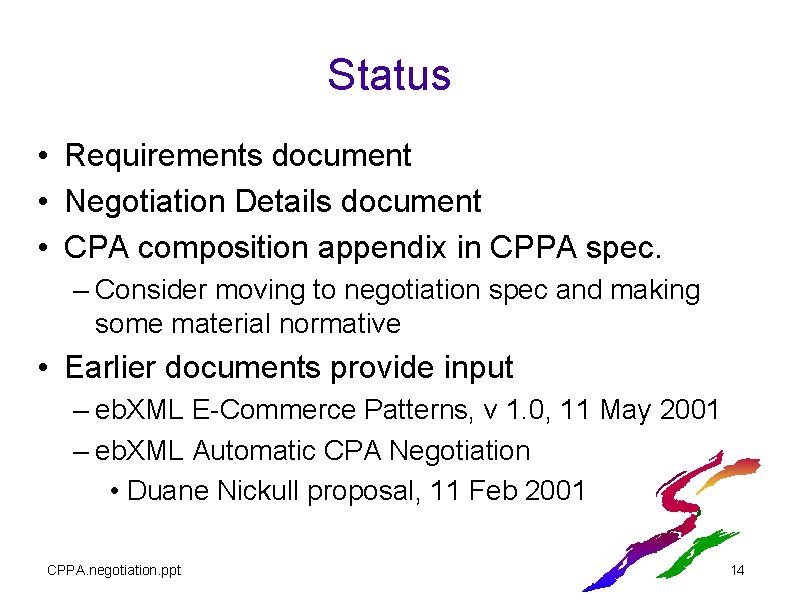 Status • Requirements document • Negotiation Details document • CPA composition appendix in CPPA Status • Requirements document • Negotiation Details document • CPA composition appendix in CPPA