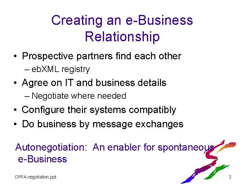 Creating an e-Business Relationship • Prospective partners find each other – eb. XML registry Creating an e-Business Relationship • Prospective partners find each other – eb. XML registry