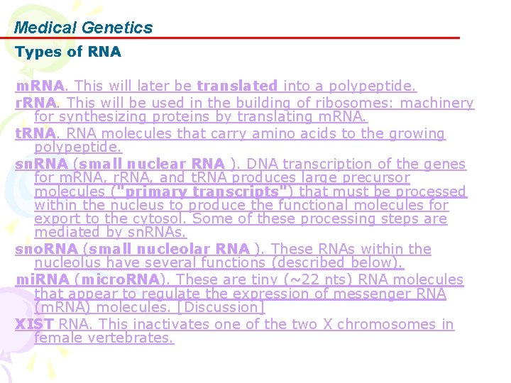 Medical Genetics Types of RNA m. RNA. This will later be translated into a