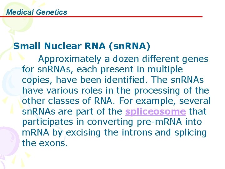 Medical Genetics Small Nuclear RNA (sn. RNA) Approximately a dozen different genes for sn.