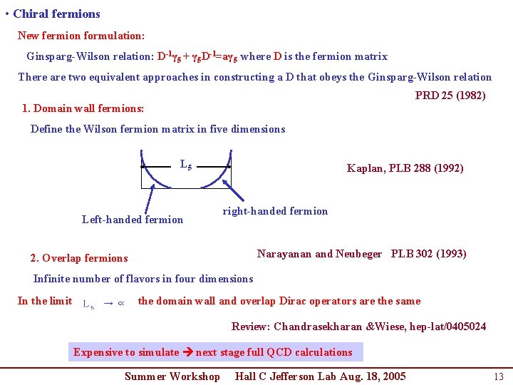 • Chiral fermions New fermion formulation: Ginsparg-Wilson relation: D-1γ 5 + γ 5 • Chiral fermions New fermion formulation: Ginsparg-Wilson relation: D-1γ 5 + γ 5