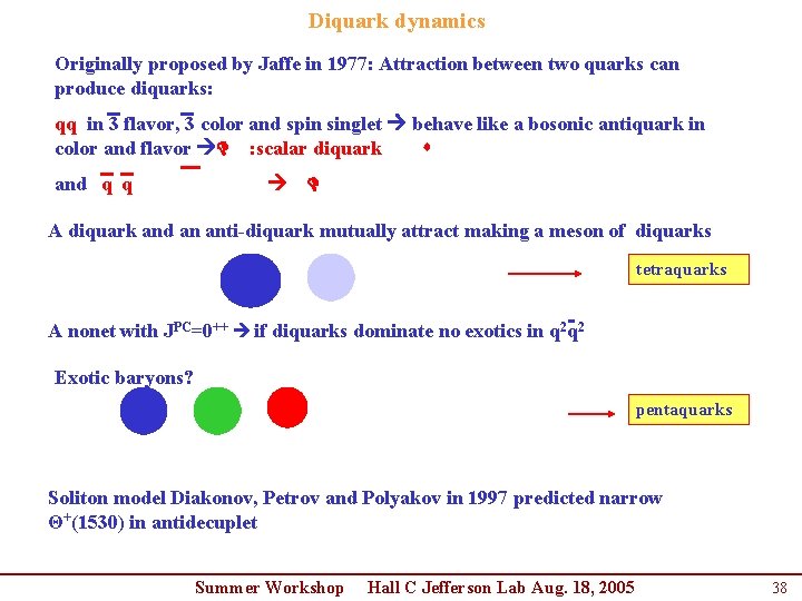 Diquark dynamics Originally proposed by Jaffe in 1977: Attraction between two quarks can produce Diquark dynamics Originally proposed by Jaffe in 1977: Attraction between two quarks can produce