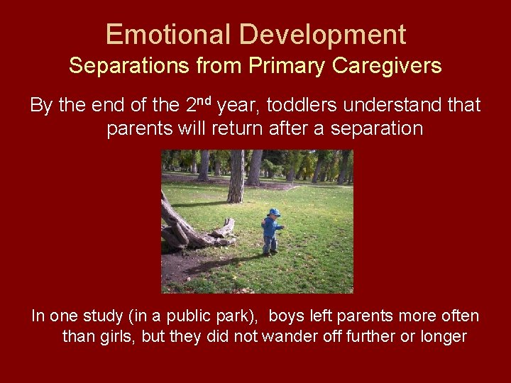 Emotional Development Separations from Primary Caregivers By the end of the 2 nd year,