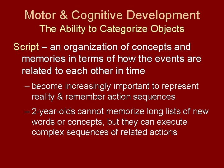 Motor & Cognitive Development The Ability to Categorize Objects Script – an organization of