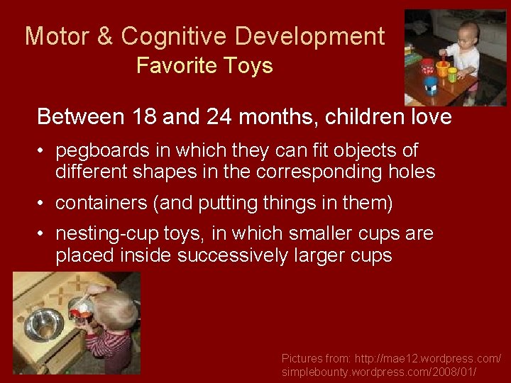 Motor & Cognitive Development Favorite Toys Between 18 and 24 months, children love •