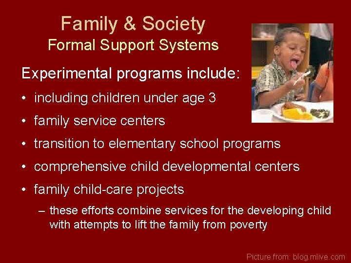 Family & Society Formal Support Systems Experimental programs include: • including children under age