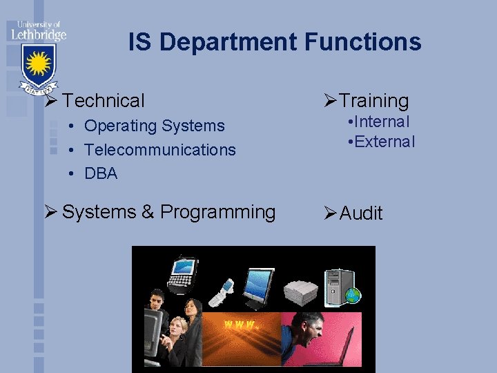 IS Department Functions Ø Technical • Operating Systems • Telecommunications • DBA Ø Systems