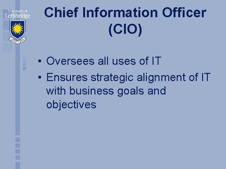 Chief Information Officer (CIO) • Oversees all uses of IT • Ensures strategic alignment