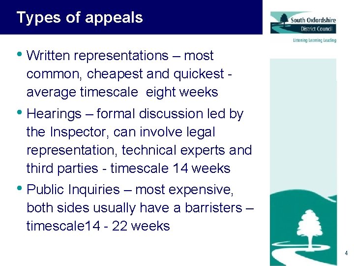 Types of appeals • Written representations – most common, cheapest and quickest average timescale