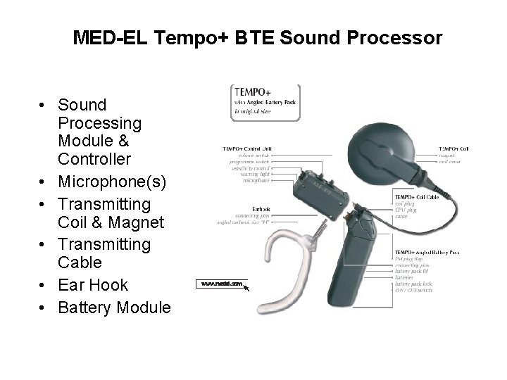 MED-EL Tempo+ BTE Sound Processor • Sound Processing Module & Controller • Microphone(s) •