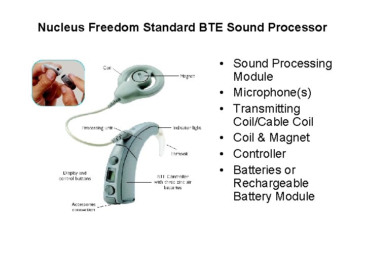 Nucleus Freedom Standard BTE Sound Processor • Sound Processing Module • Microphone(s) • Transmitting