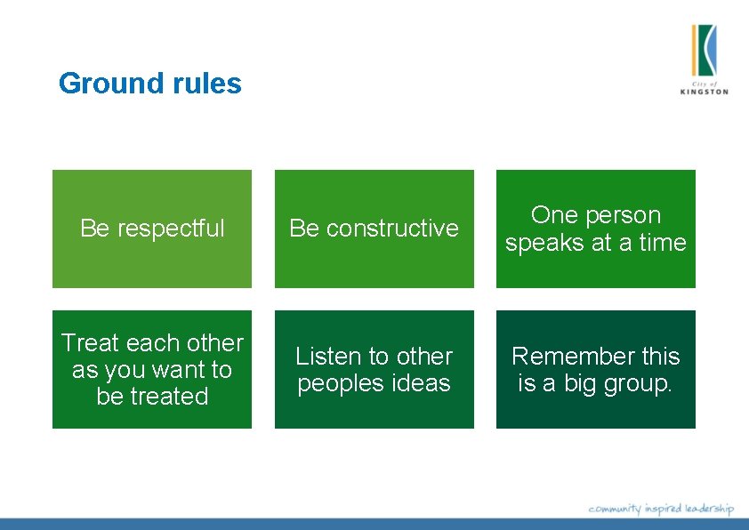 Ground rules Be respectful Be constructive One person speaks at a time Treat each Ground rules Be respectful Be constructive One person speaks at a time Treat each