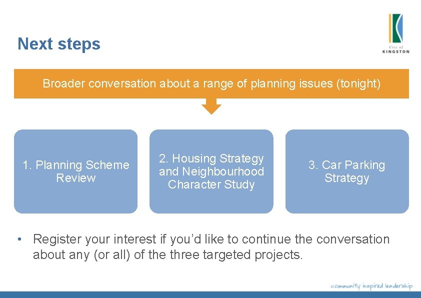 Next steps Broader conversation about a range of planning issues (tonight) 1. Planning Scheme Next steps Broader conversation about a range of planning issues (tonight) 1. Planning Scheme