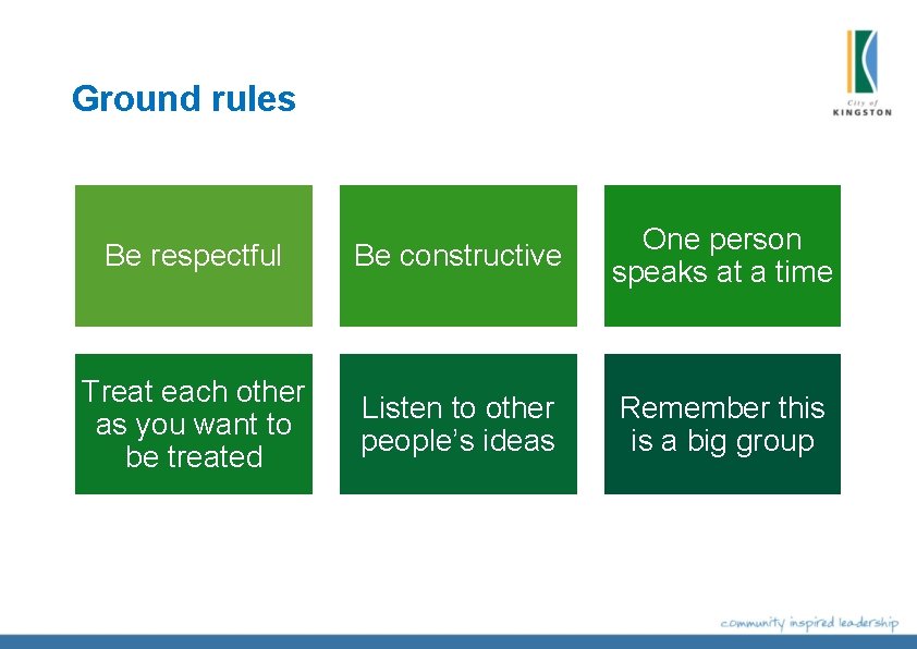 Ground rules Be respectful Be constructive One person speaks at a time Treat each Ground rules Be respectful Be constructive One person speaks at a time Treat each