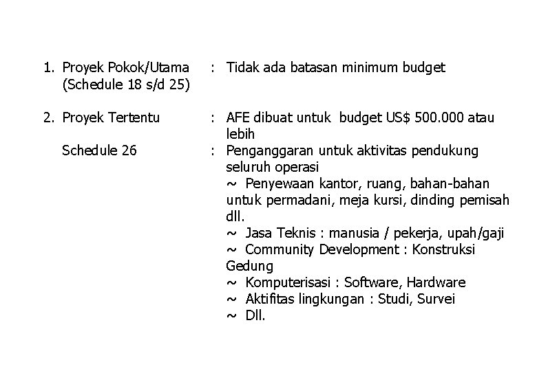 1. Proyek Pokok/Utama (Schedule 18 s/d 25) : Tidak ada batasan minimum budget 2.