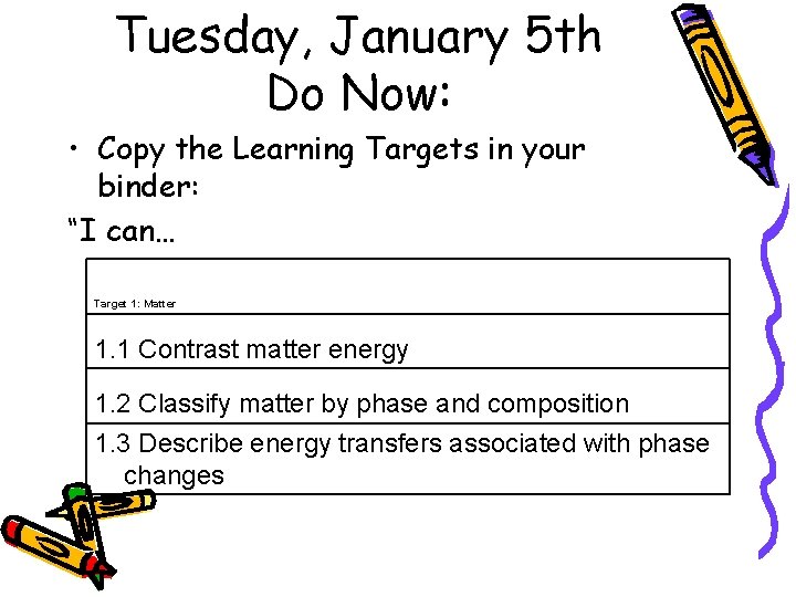 Tuesday, January 5 th Do Now: • Copy the Learning Targets in your binder: