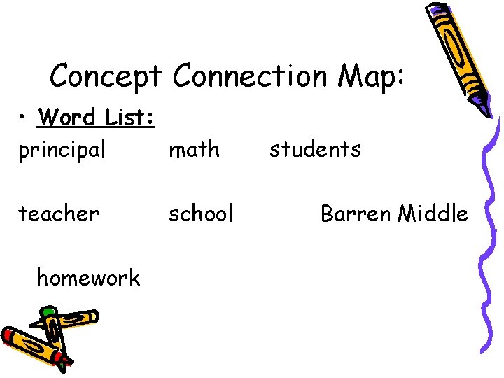 Concept Connection Map: • Word List: principal math teacher homework school students Barren Middle