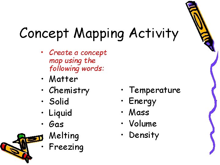 Concept Mapping Activity • Create a concept map using the following words: • •