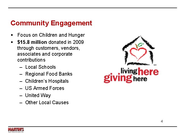 Community Engagement § Focus on Children and Hunger § $15. 8 million donated in