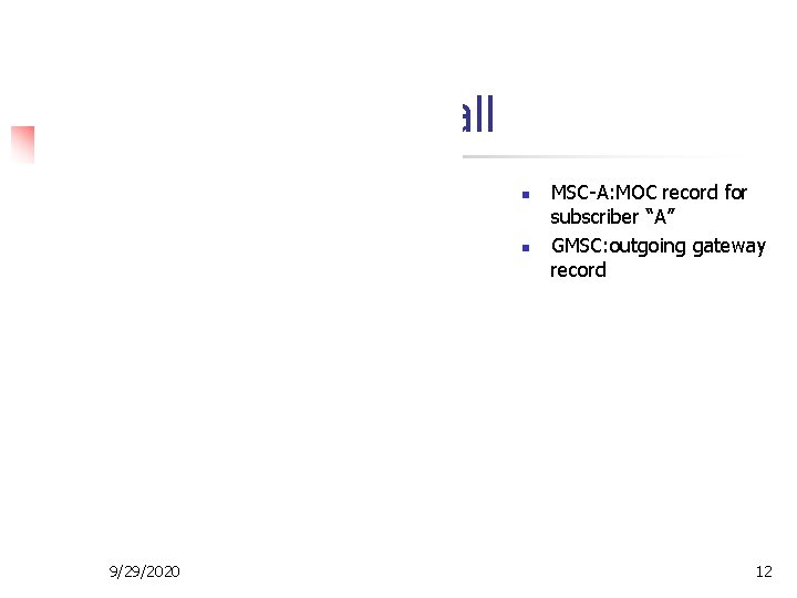 Mobile to land call n n 9/29/2020 MSC-A: MOC record for subscriber “A” GMSC: