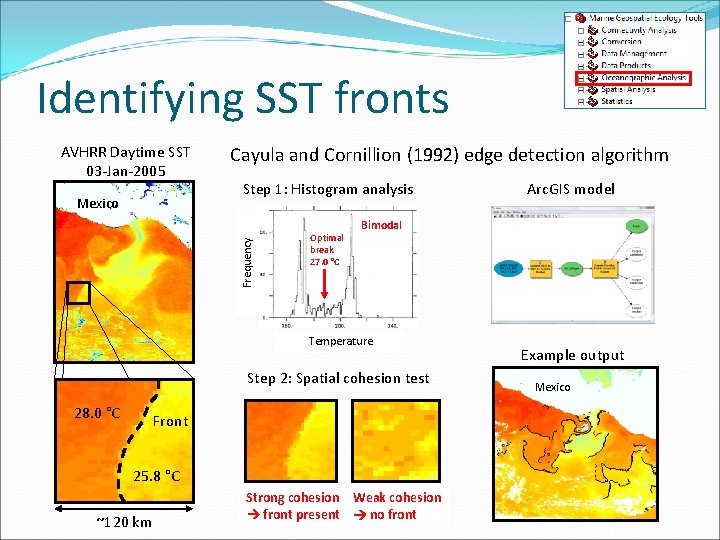 Identifying SST fronts AVHRR Daytime SST 03 -Jan-2005 Step 1: Histogram analysis Frequency Mexico