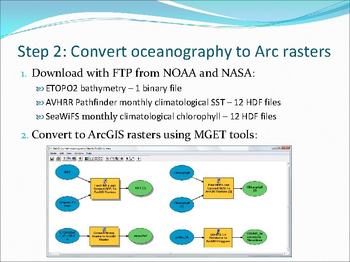 Step 2: Convert oceanography to Arc rasters 1. Download with FTP from NOAA and