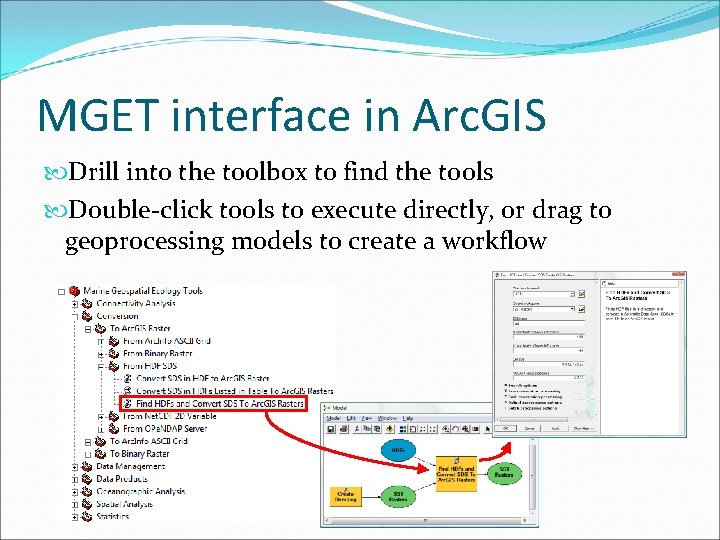 MGET interface in Arc. GIS Drill into the toolbox to find the tools Double-click