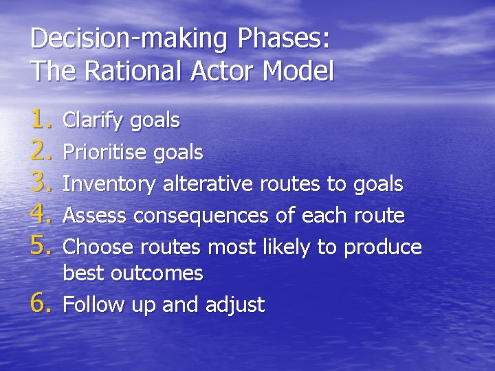 Decision-making Phases: The Rational Actor Model 1. 2. 3. 4. 5. 6. Clarify goals