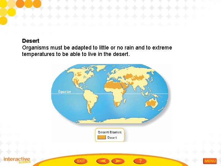 Desert Organisms must be adapted to little or no rain and to extreme temperatures
