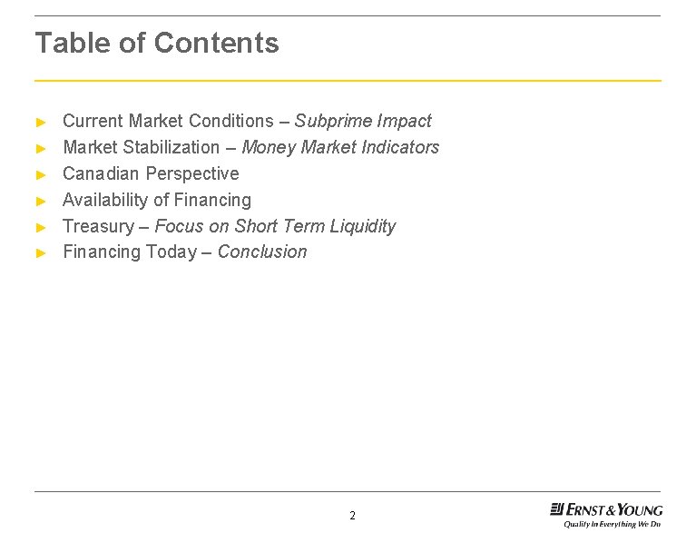 Table of Contents ► ► ► Current Market Conditions – Subprime Impact Market Stabilization