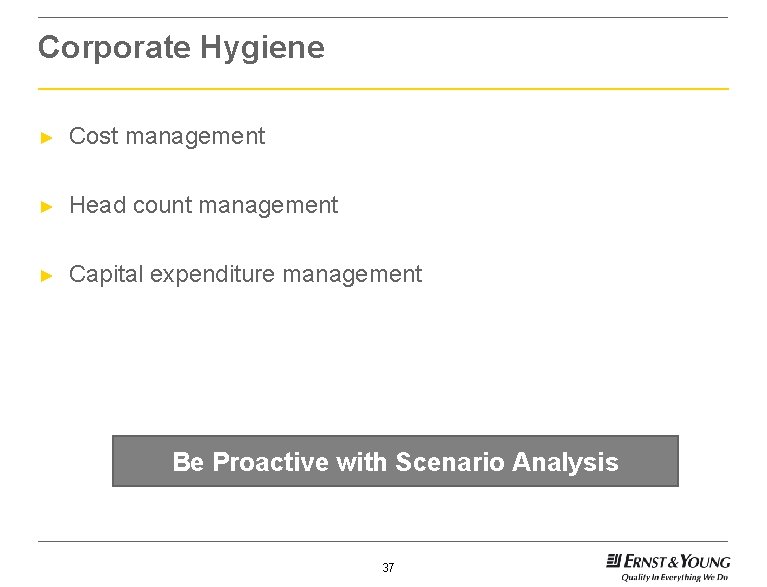 Corporate Hygiene ► Cost management ► Head count management ► Capital expenditure management Be