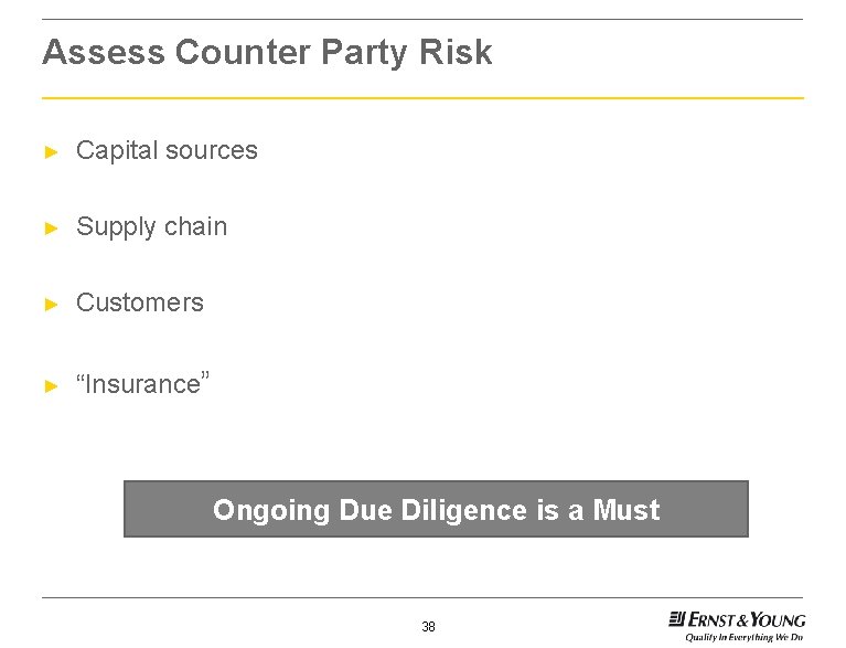 Assess Counter Party Risk ► Capital sources ► Supply chain ► Customers ► “Insurance”