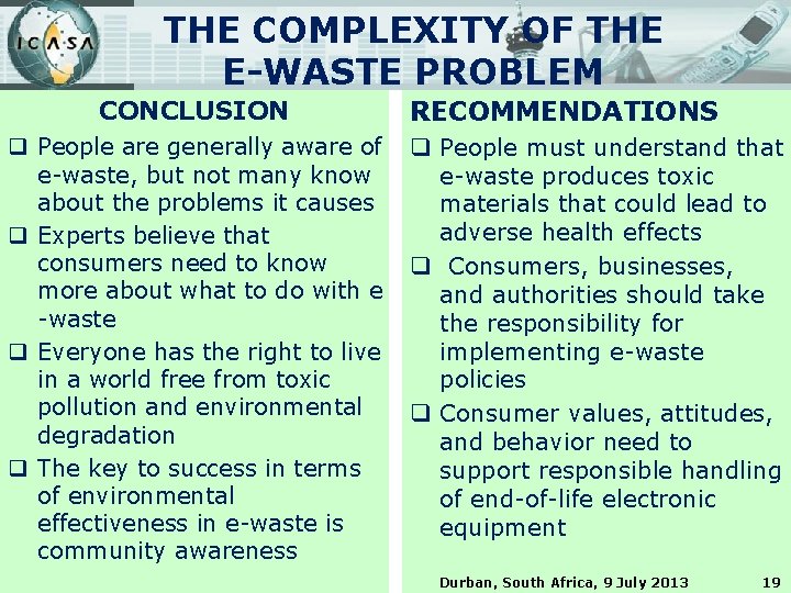 THE COMPLEXITY OF THE E-WASTE PROBLEM CONCLUSION q People are generally aware of e-waste,